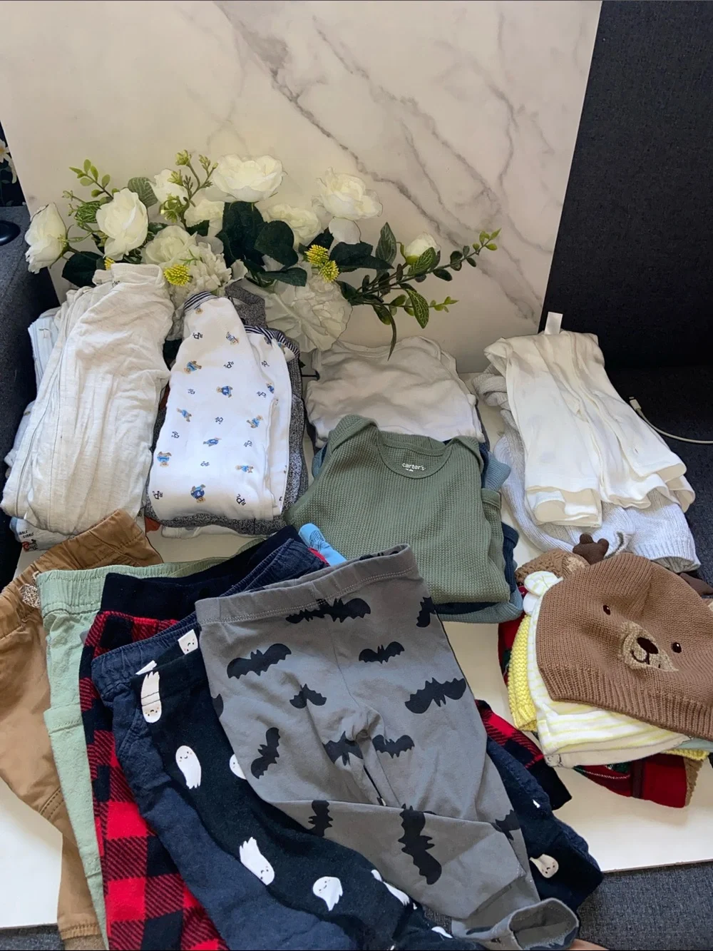 Baby Basics Mostly Carter's Hats,sweaters,Pants with Mixed Onesies sizes 6-12 mo
